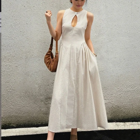 COMMENSE *NWT Cotton & Linen Pleated Cutout Long Dress | L - Picture 3 of 6